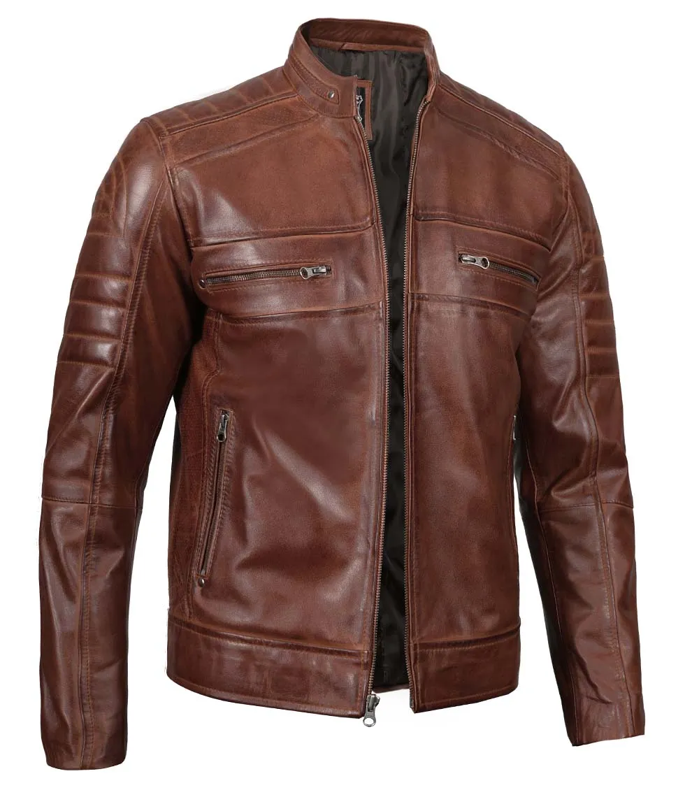 Tall Men's Cognac Brown Distressed Leather Cafe Racer Jacket