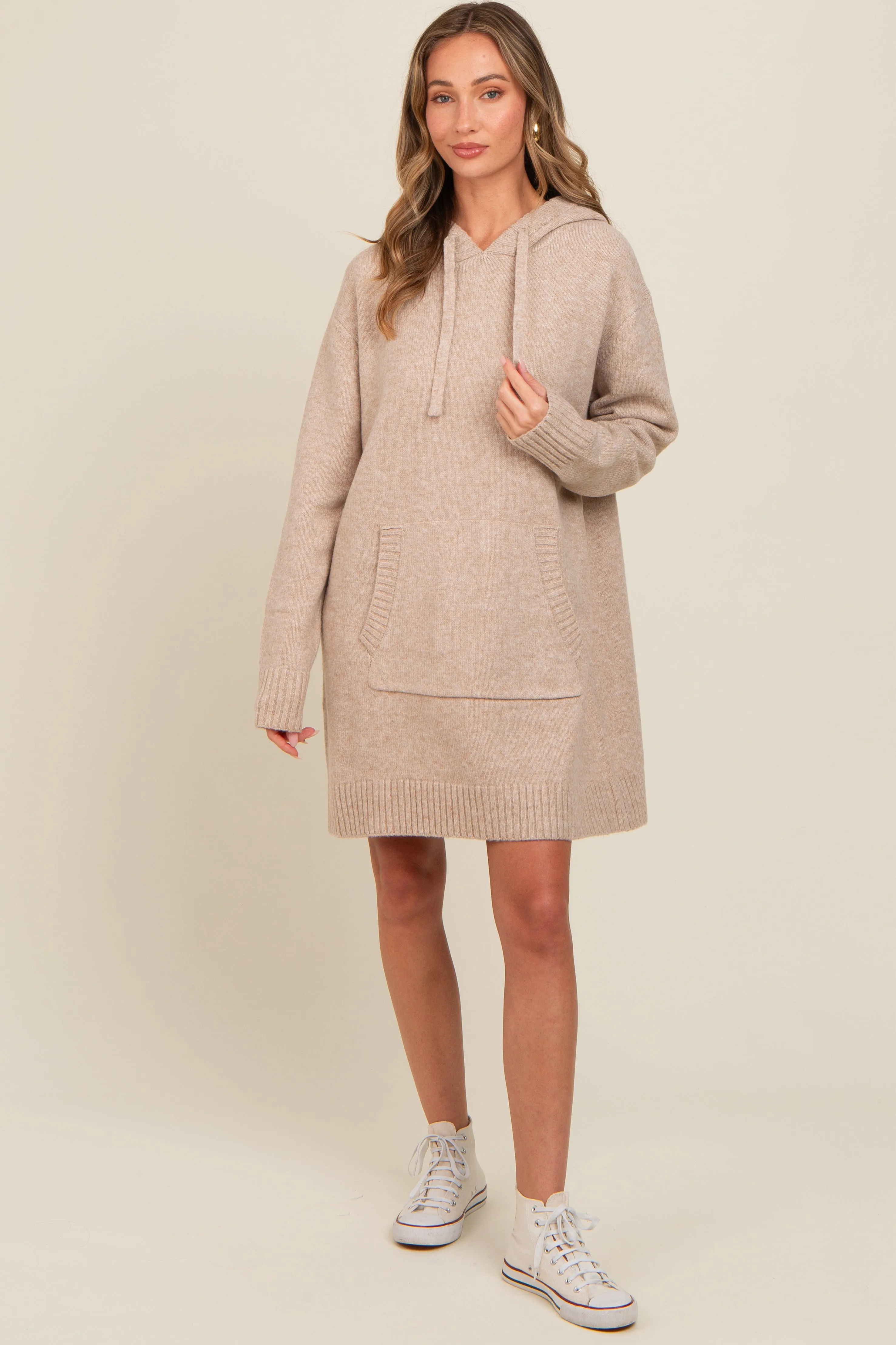 Taupe Hooded Front Pocket Sweater Dress