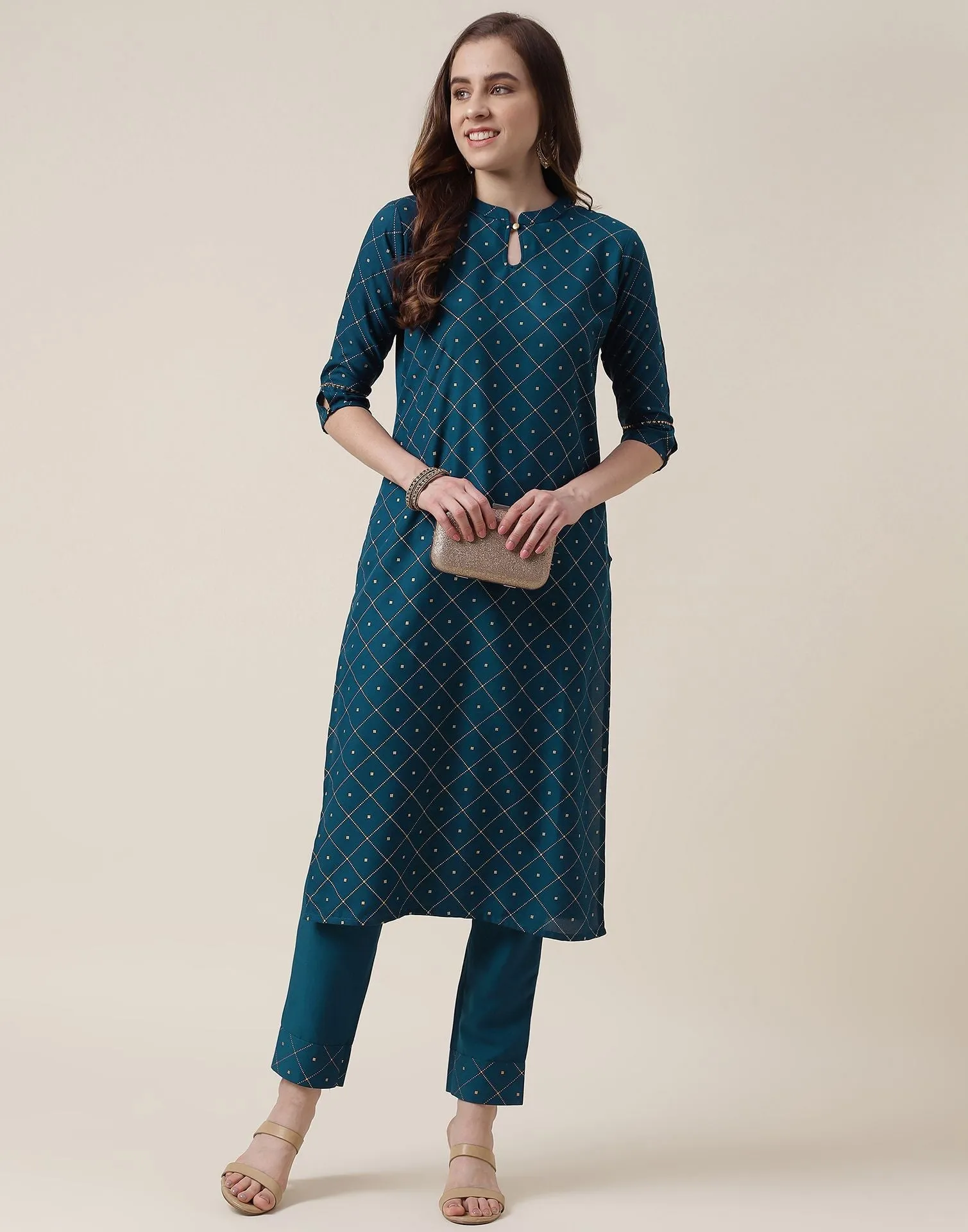 Teal Blue Printed Rayon Straight Kurta With Pant