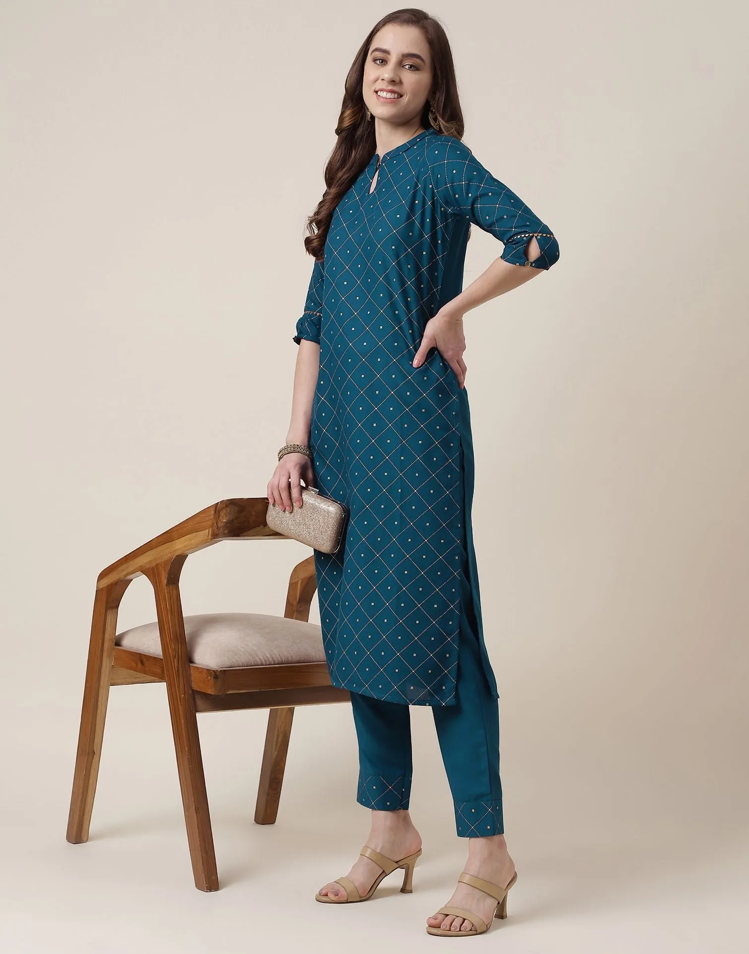 Teal Blue Printed Rayon Straight Kurta With Pant