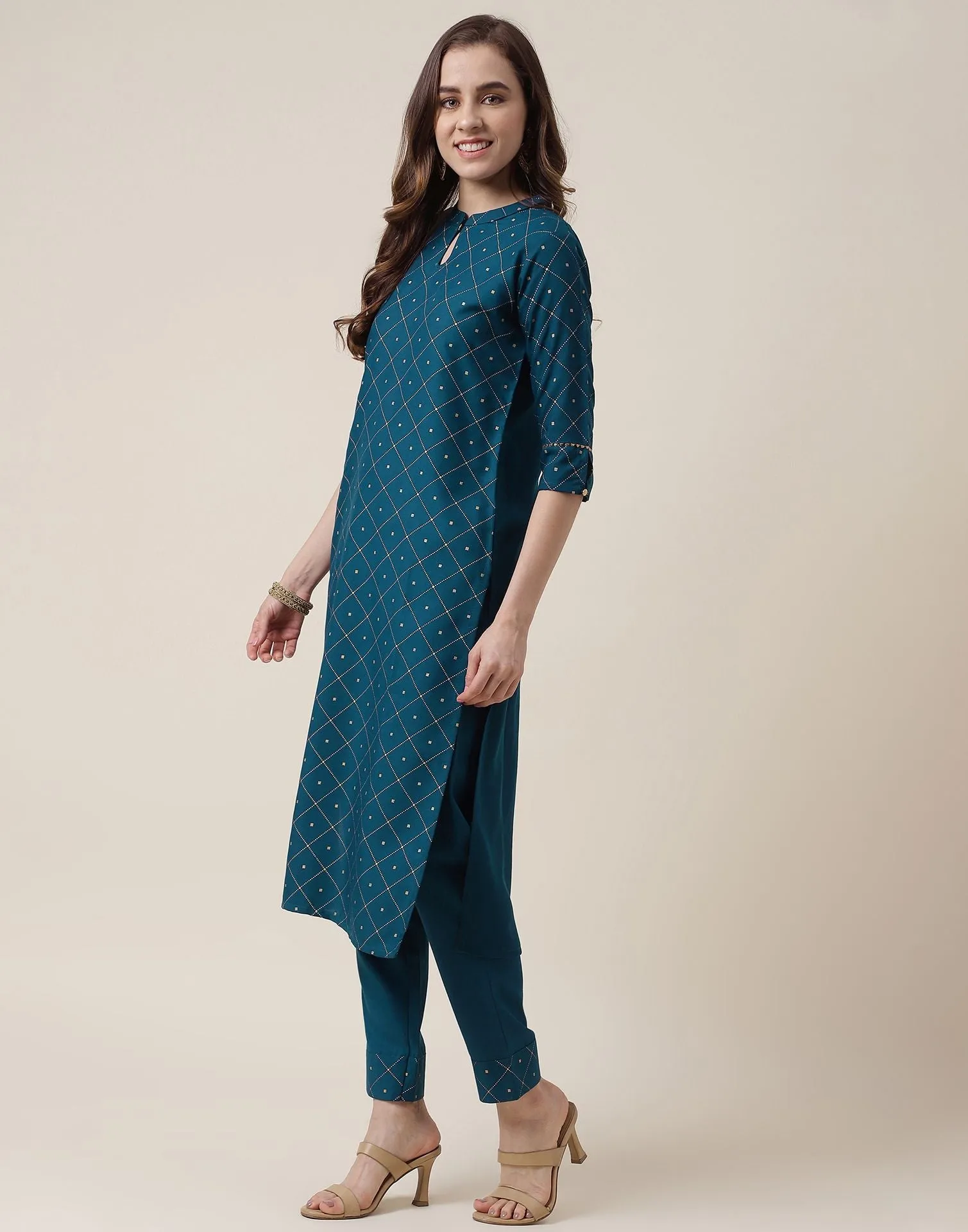 Teal Blue Printed Rayon Straight Kurta With Pant