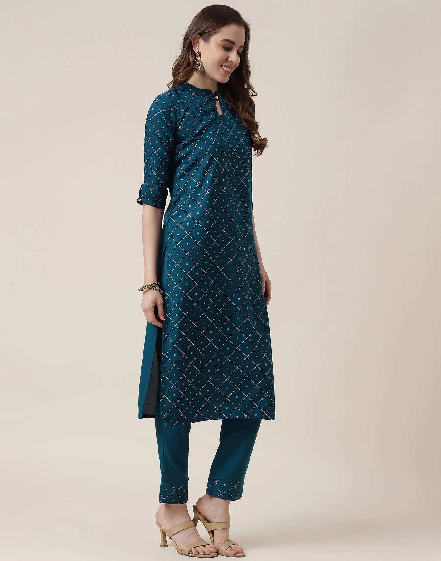 Teal Blue Printed Rayon Straight Kurta With Pant