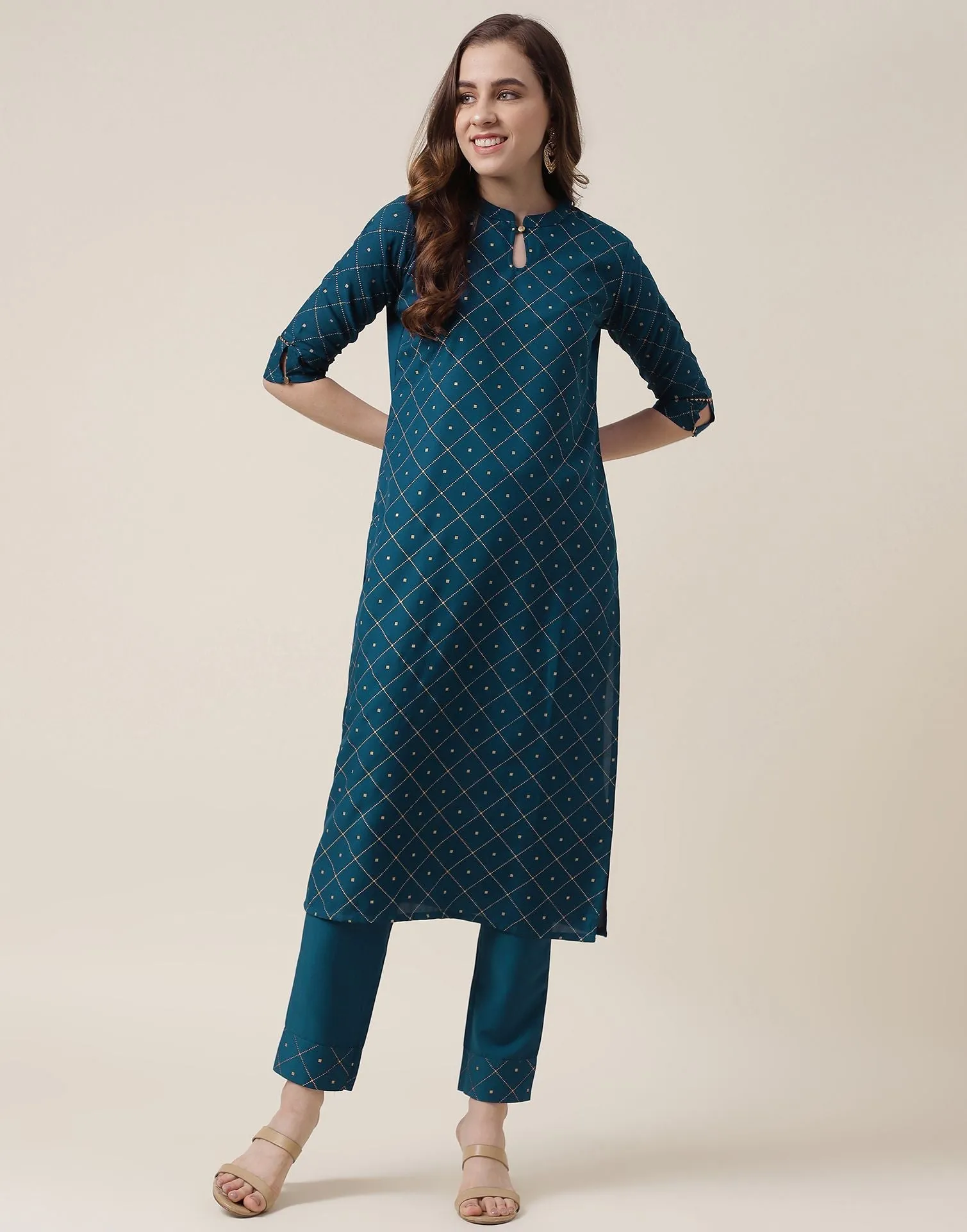 Teal Blue Printed Rayon Straight Kurta With Pant