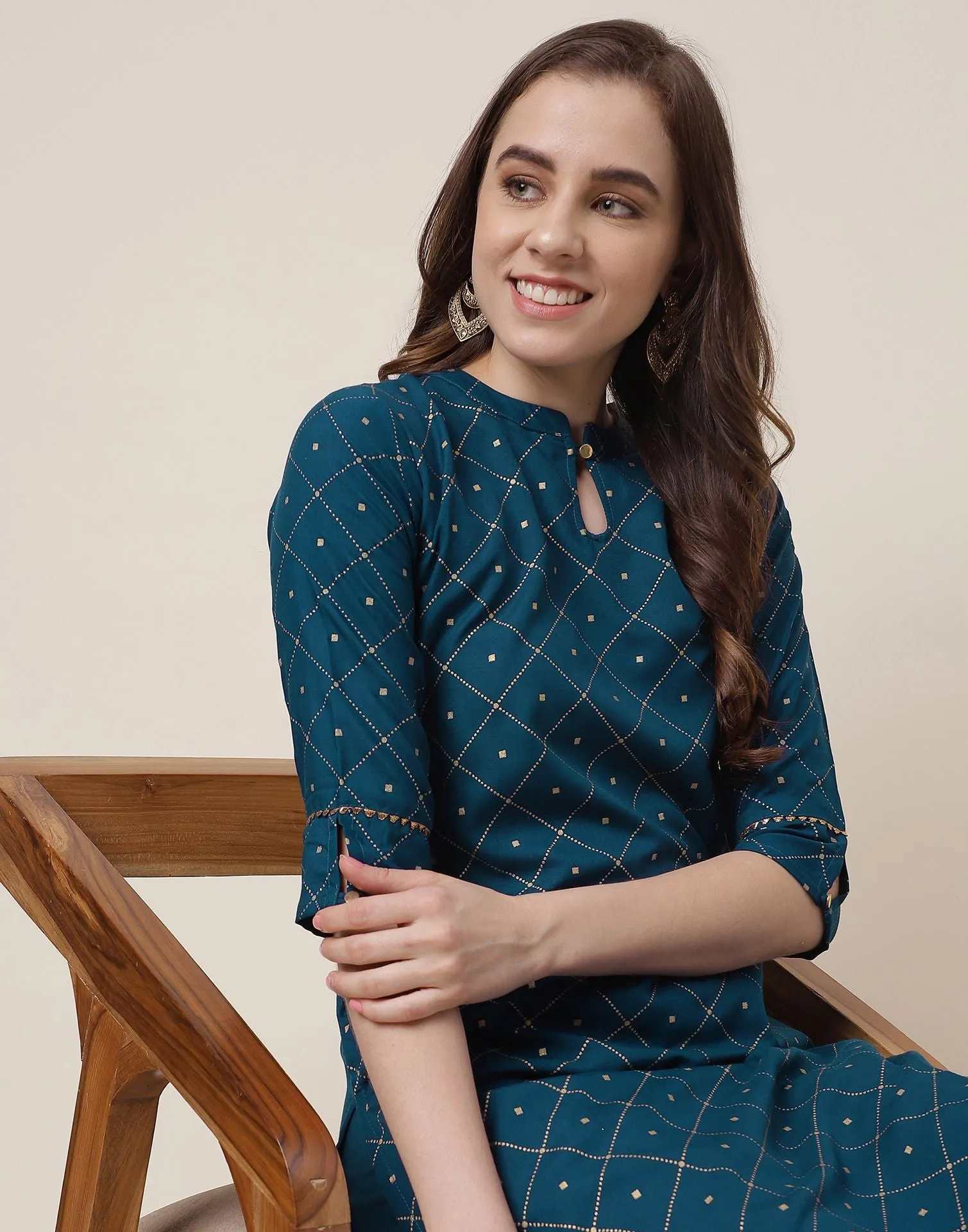 Teal Blue Printed Rayon Straight Kurta With Pant