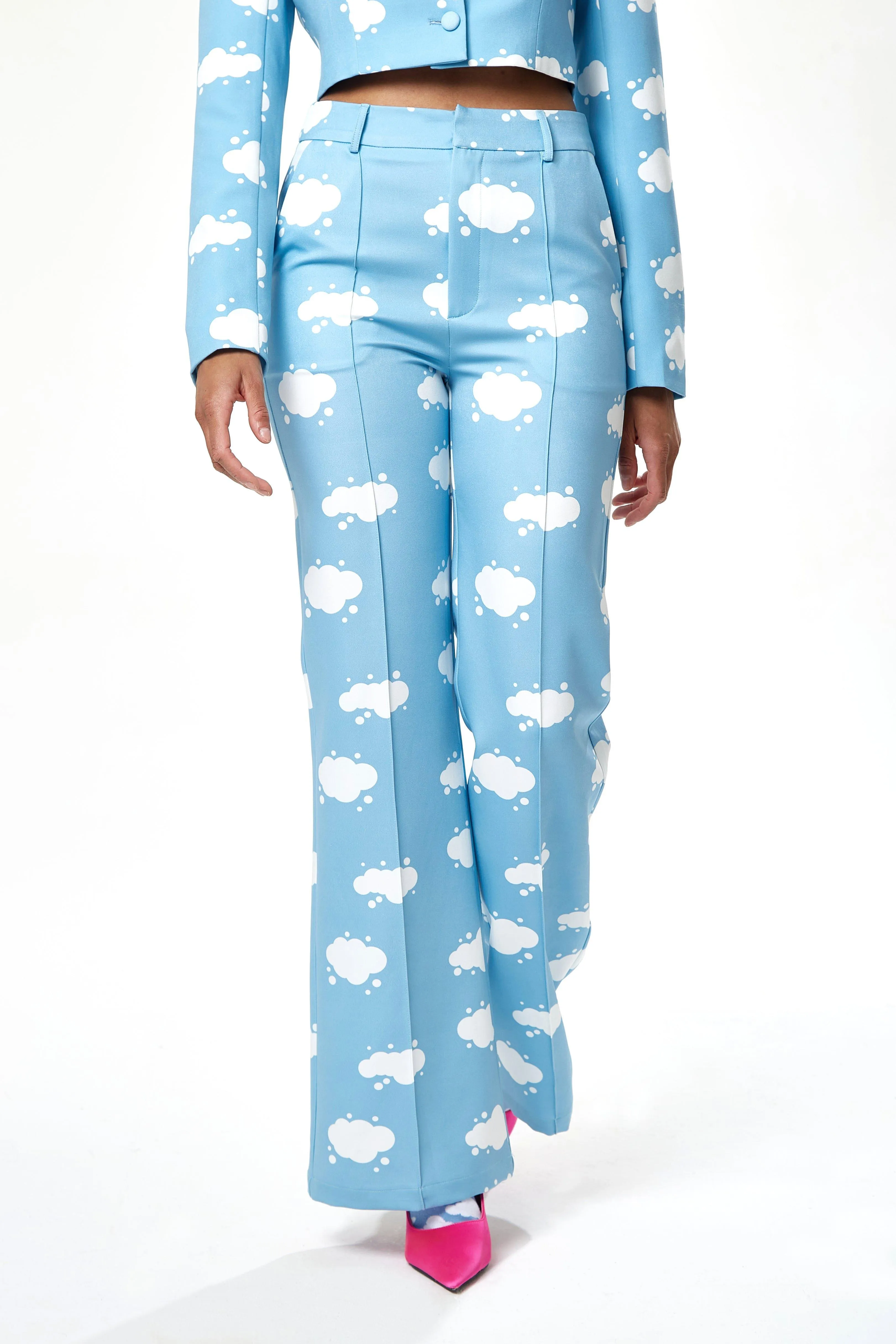 Trousers | Cloud Print Suit Trousers in Blue | Liquorish