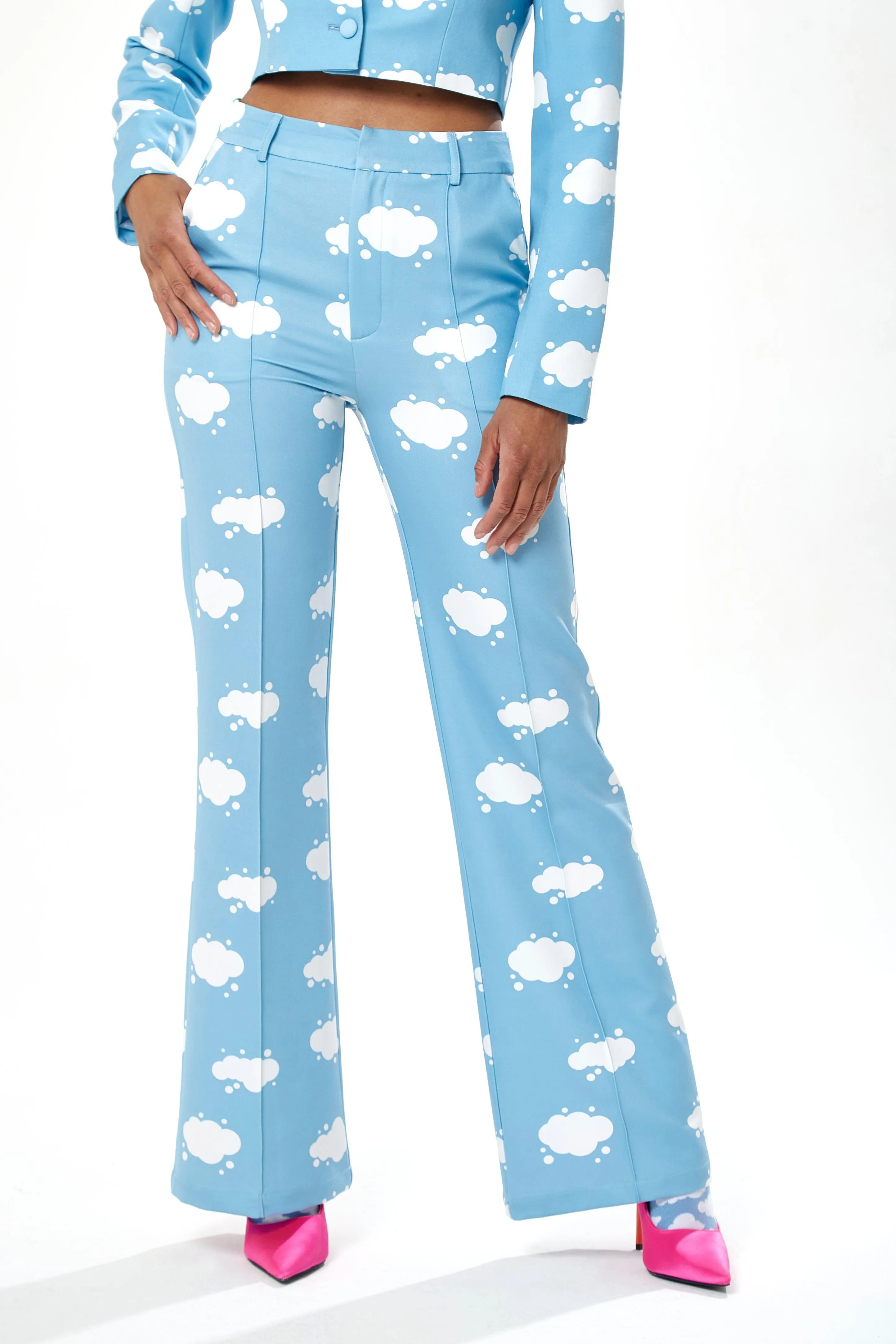 Trousers | Cloud Print Suit Trousers in Blue | Liquorish