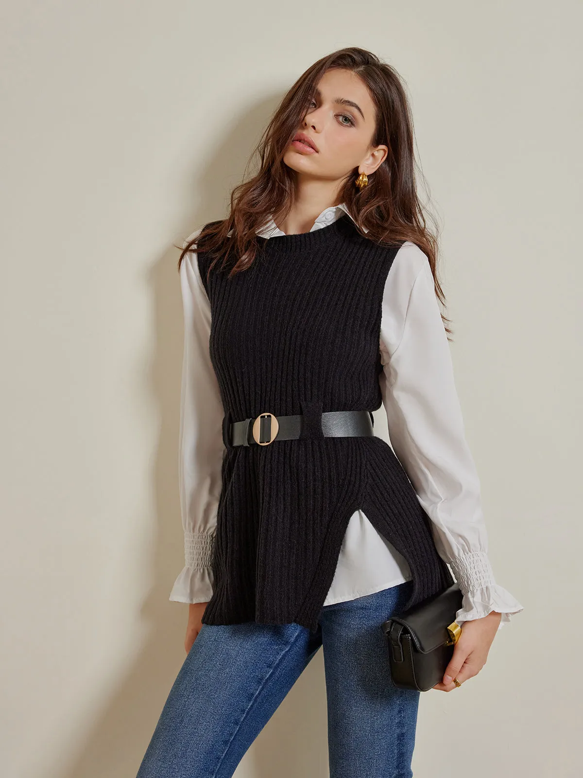 Two-Piece Belted Sweater With Polo Shirt