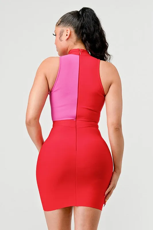 Two Tone Contrast Mini Bandage Dress With Front Mesh Detail