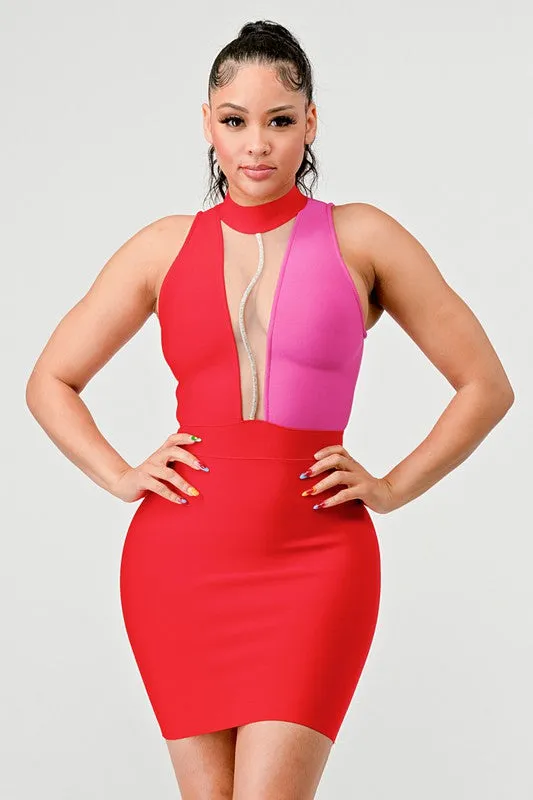 Two Tone Contrast Mini Bandage Dress With Front Mesh Detail