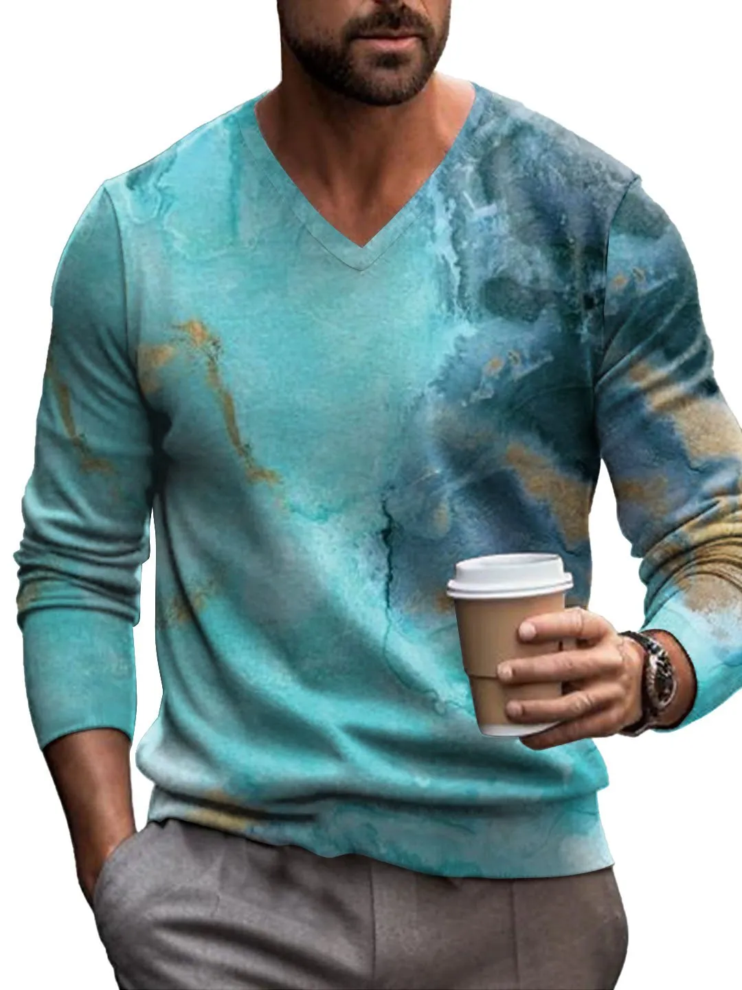 V-Neck Artistic Inkjet Print Casual Knitted Pullover Sweater