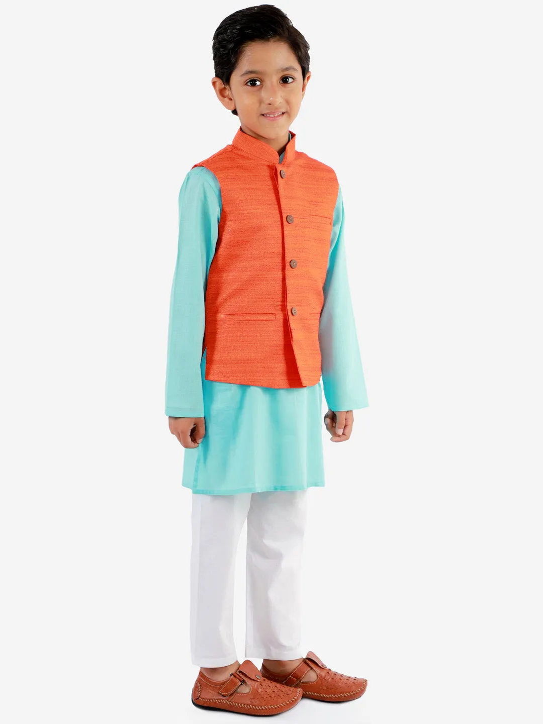 Vastramay Boys Orange, Aqua And White Jacket, Kurta and Pyjama Set