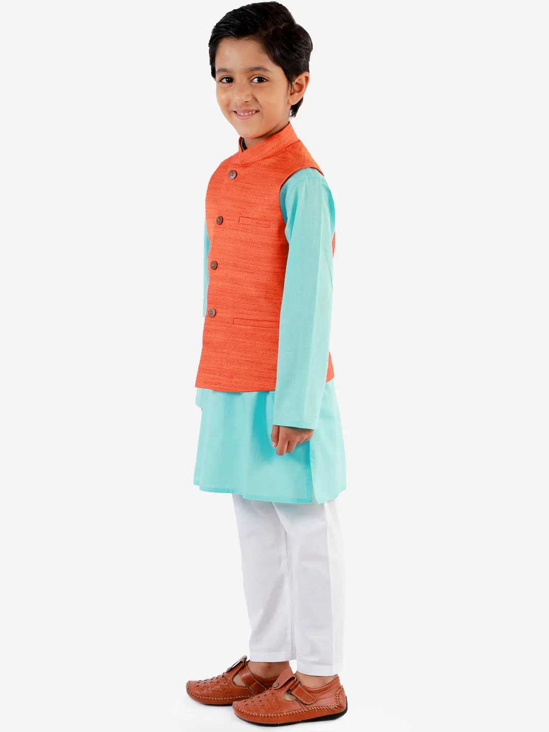 Vastramay Boys Orange, Aqua And White Jacket, Kurta and Pyjama Set