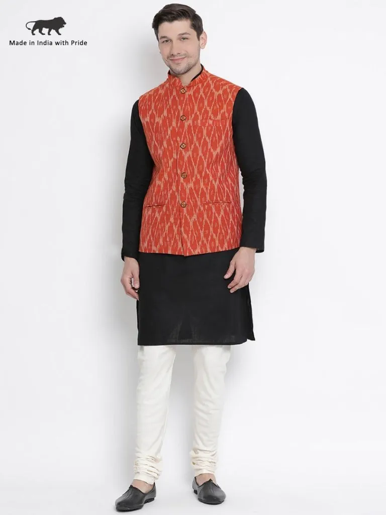 VASTRAMAY Men's Black Cotton Kurta, Ethnic Jacket and Pyjama Set