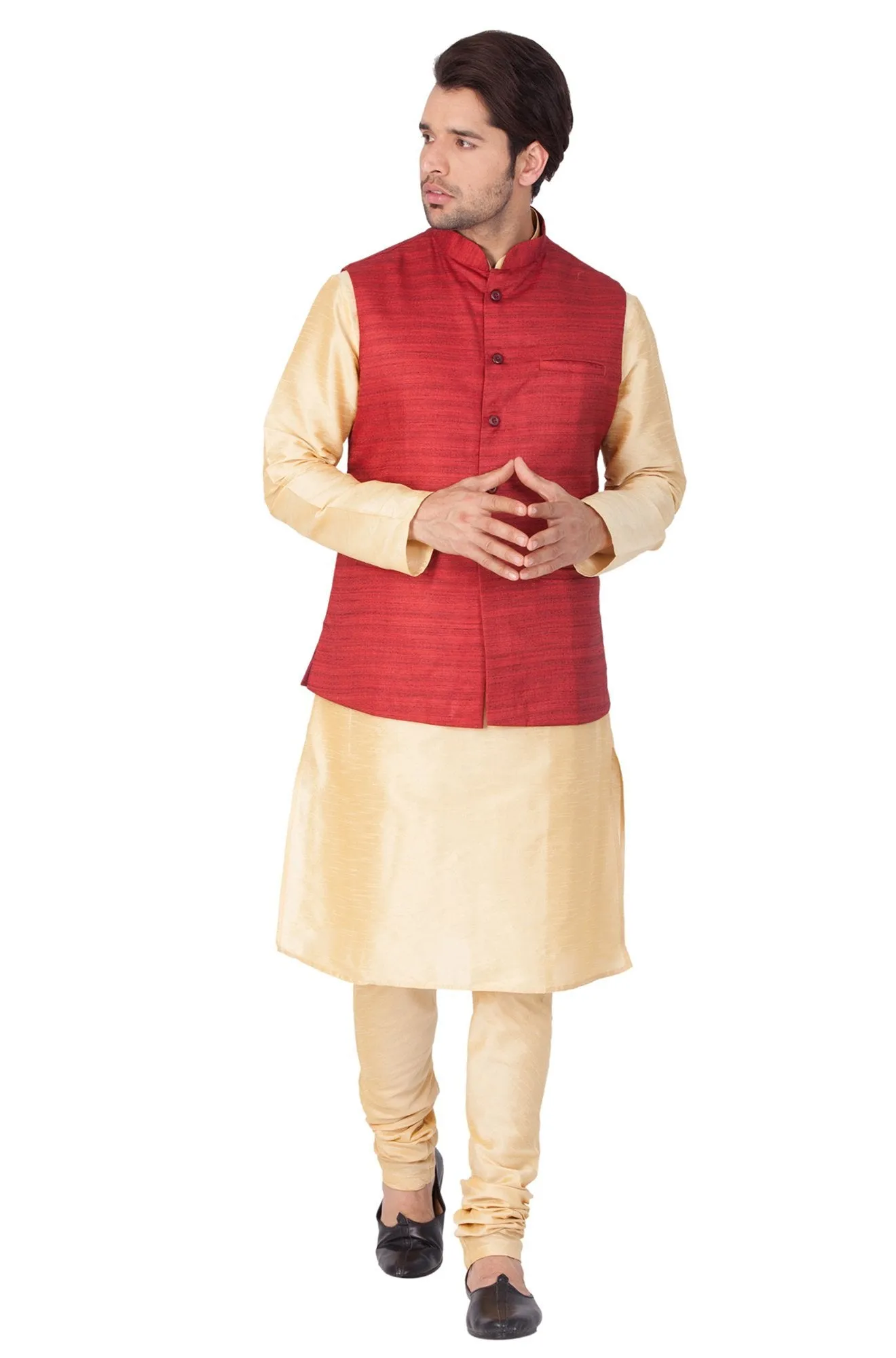 VASTRAMAY Men's Gold Cotton Silk Blend Kurta, Ethnic Jacket and Pyjama Set