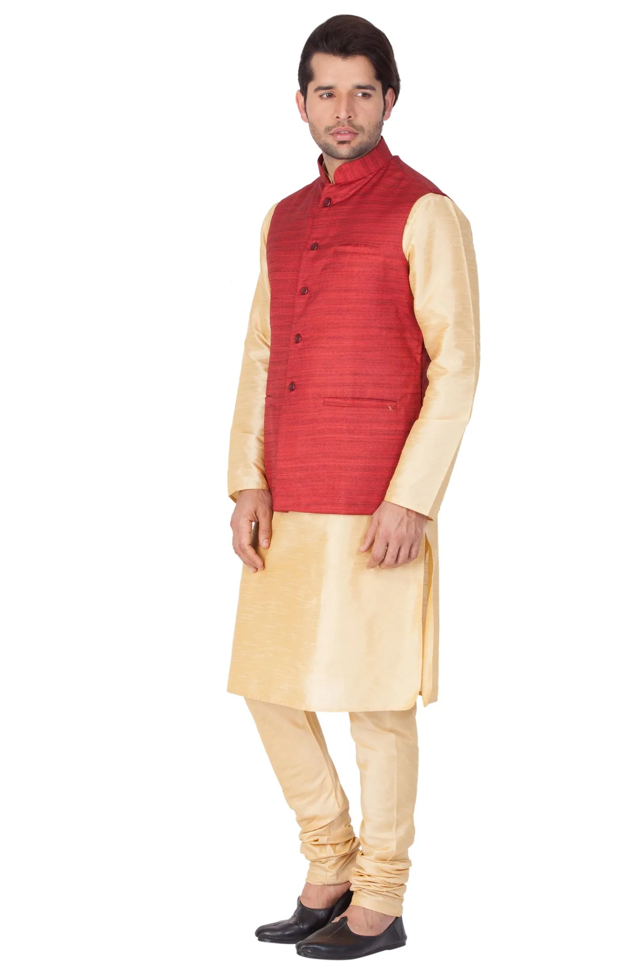 VASTRAMAY Men's Gold Cotton Silk Blend Kurta, Ethnic Jacket and Pyjama Set