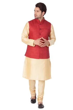 VASTRAMAY Men's Gold Cotton Silk Blend Kurta, Ethnic Jacket and Pyjama Set