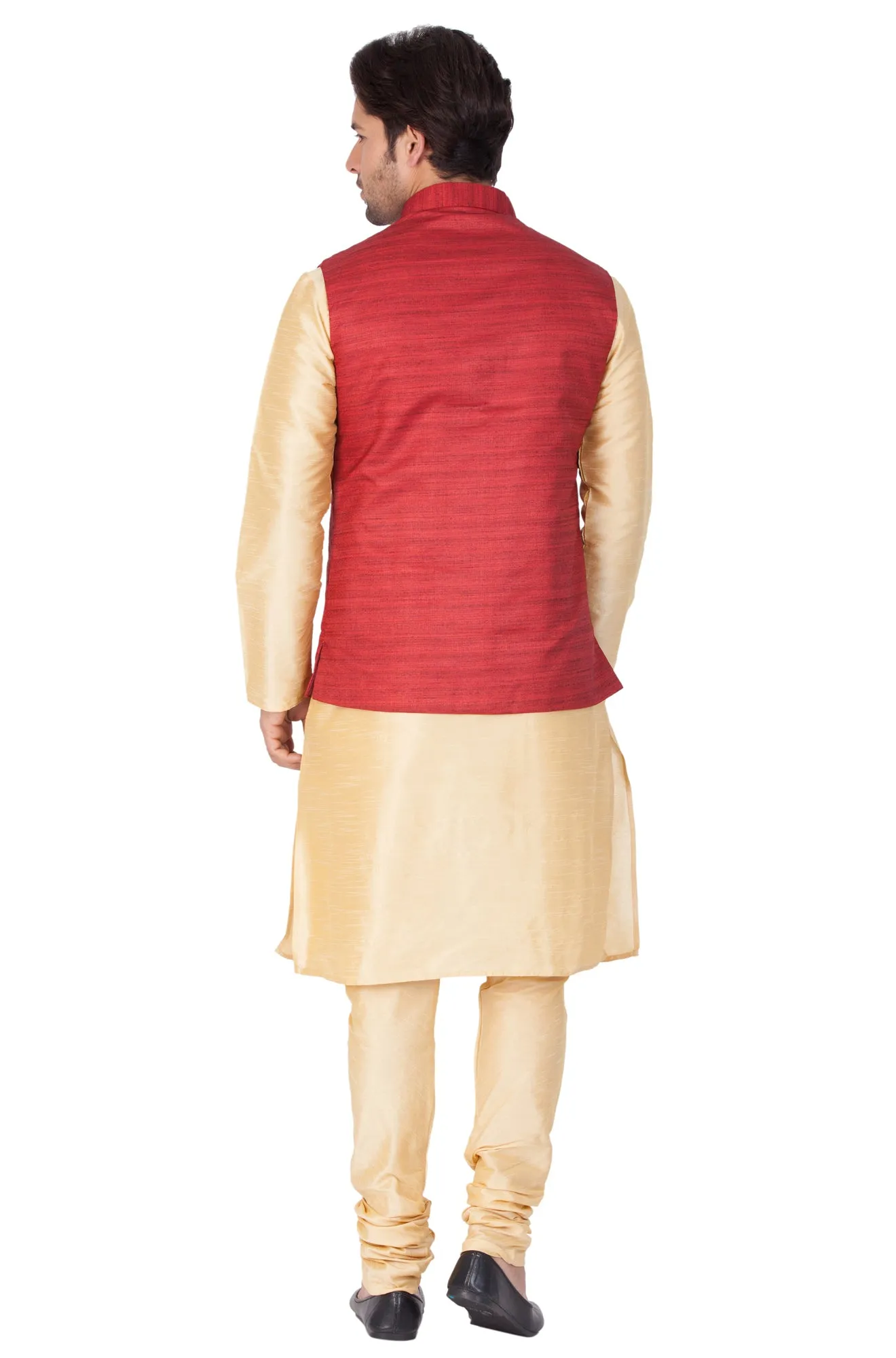 VASTRAMAY Men's Gold Cotton Silk Blend Kurta, Ethnic Jacket and Pyjama Set