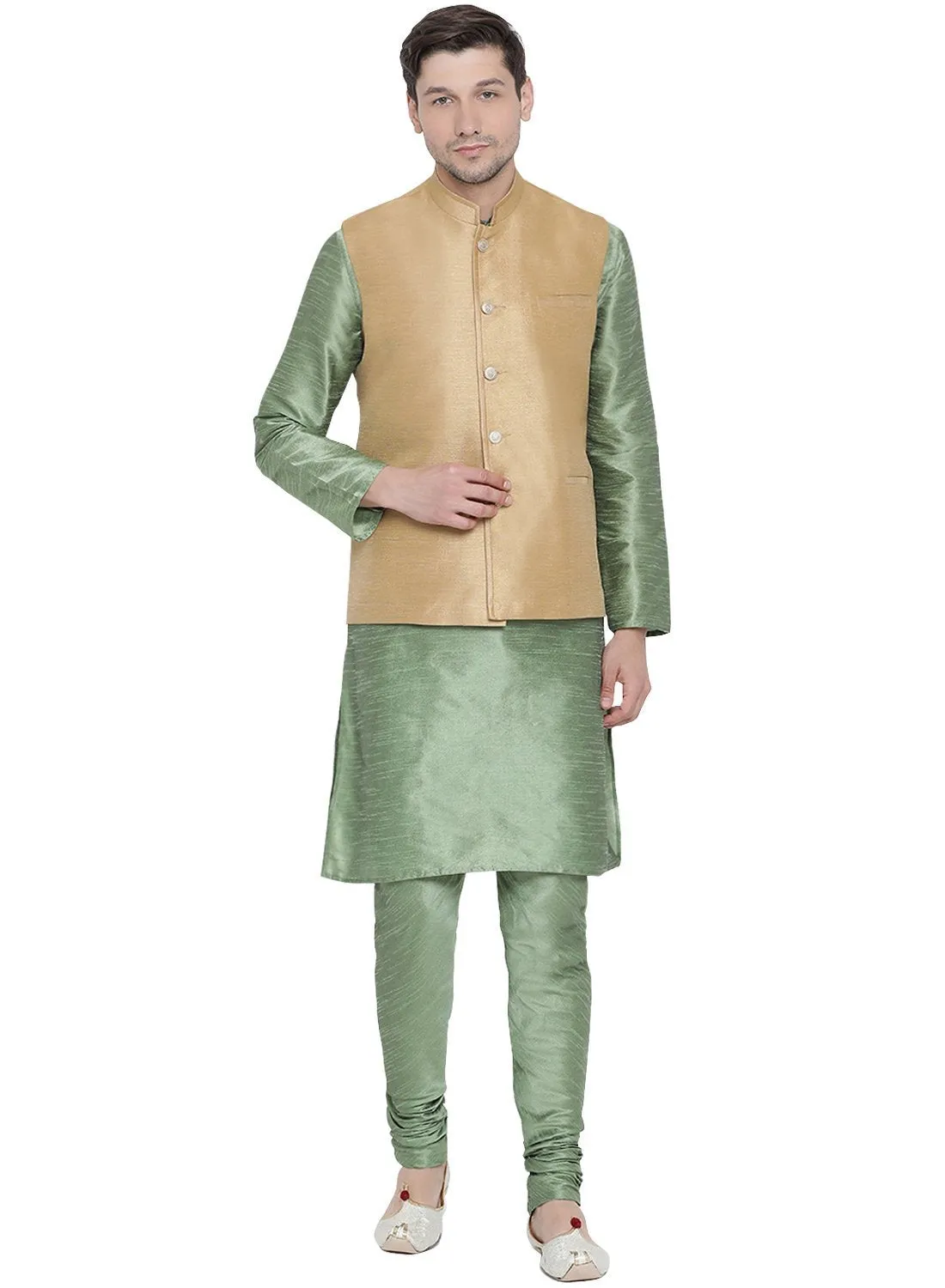 VASTRAMAY Men's Light Green Cotton Silk Blend Kurta, Ethnic Jacket and Pyjama Set