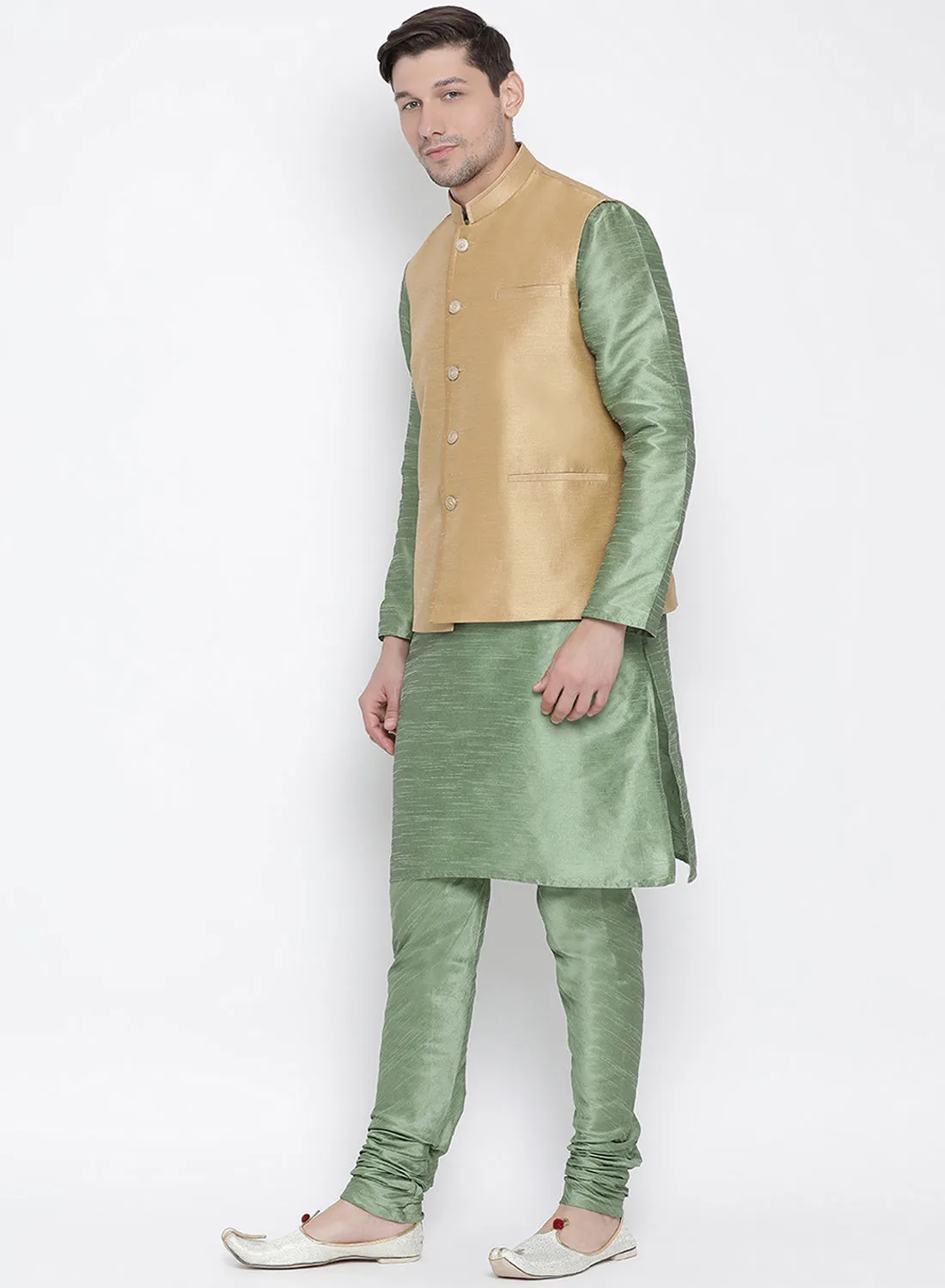 VASTRAMAY Men's Light Green Cotton Silk Blend Kurta, Ethnic Jacket and Pyjama Set