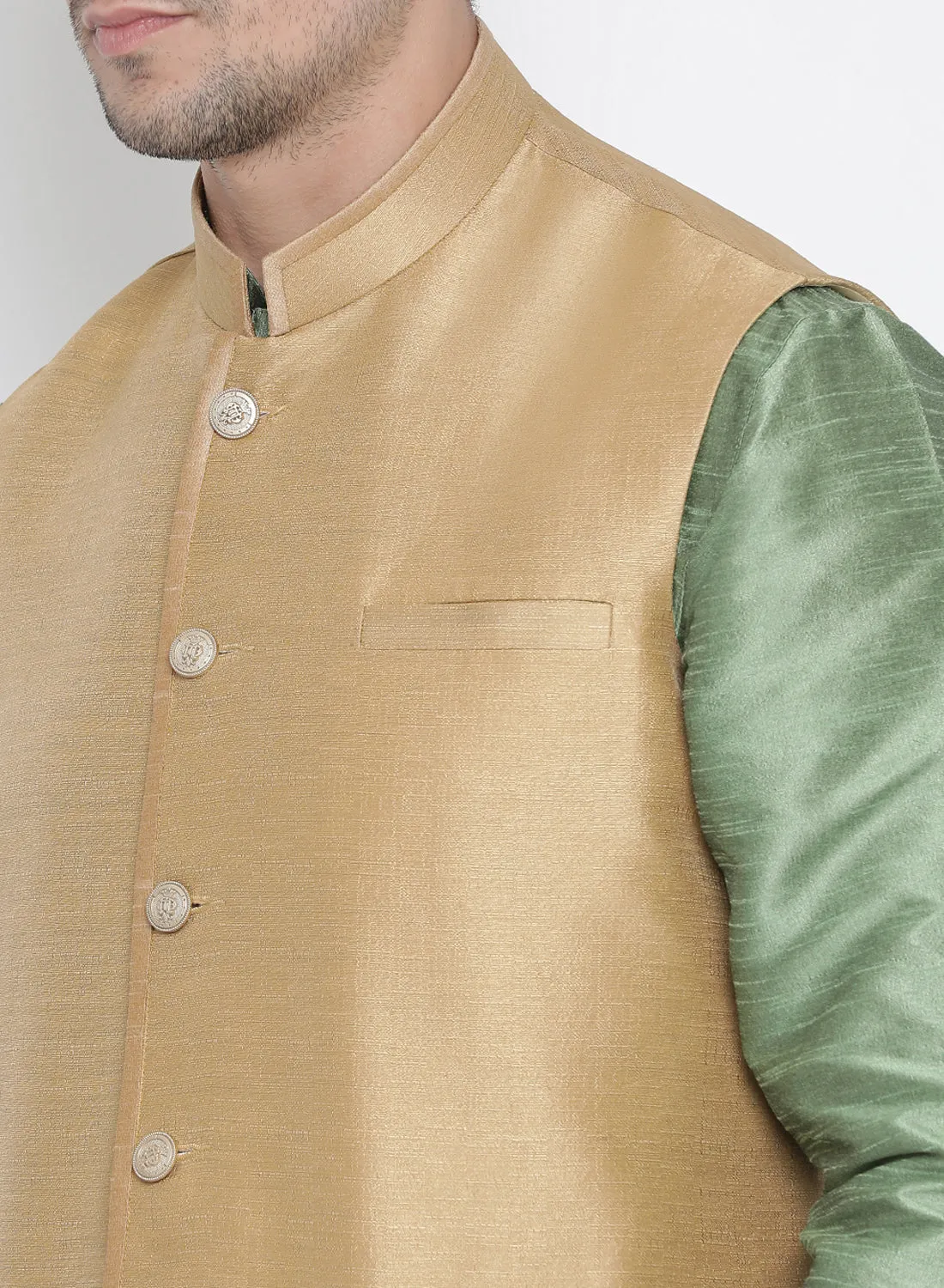 VASTRAMAY Men's Light Green Cotton Silk Blend Kurta, Ethnic Jacket and Pyjama Set