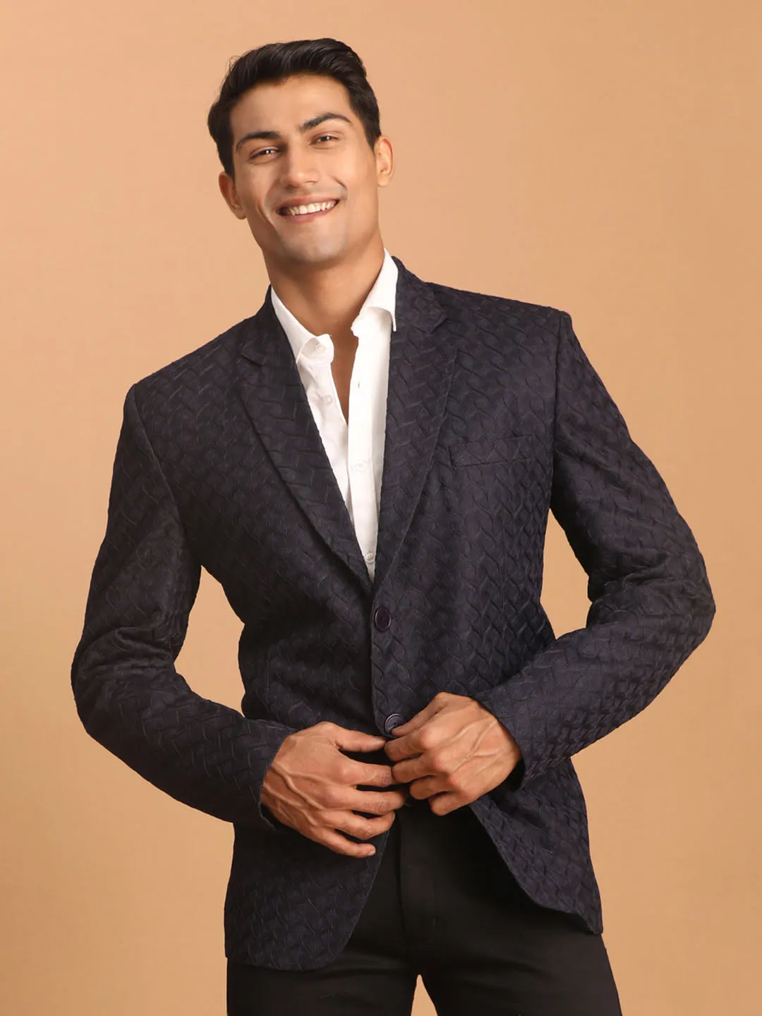 Vastramay Men's Navy Blue Silk Blend Self design Blazer