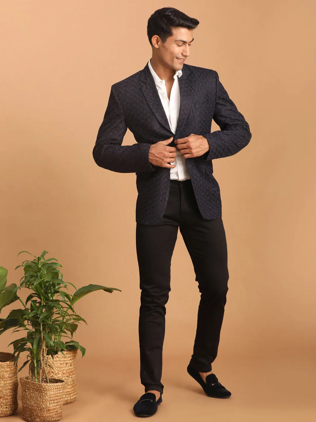 Vastramay Men's Navy Blue Silk Blend Self design Blazer