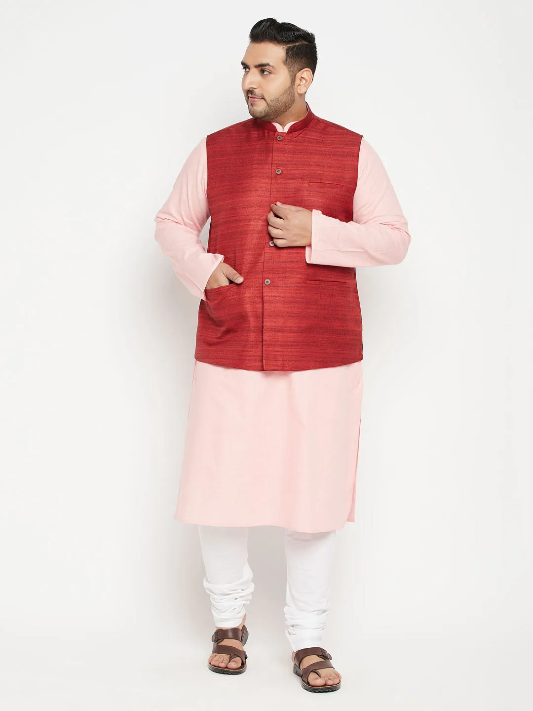 VASTRAMAY Men's Plus Size Pink and Maroon Cotton Blend Jacket Kurta Pyjama Set