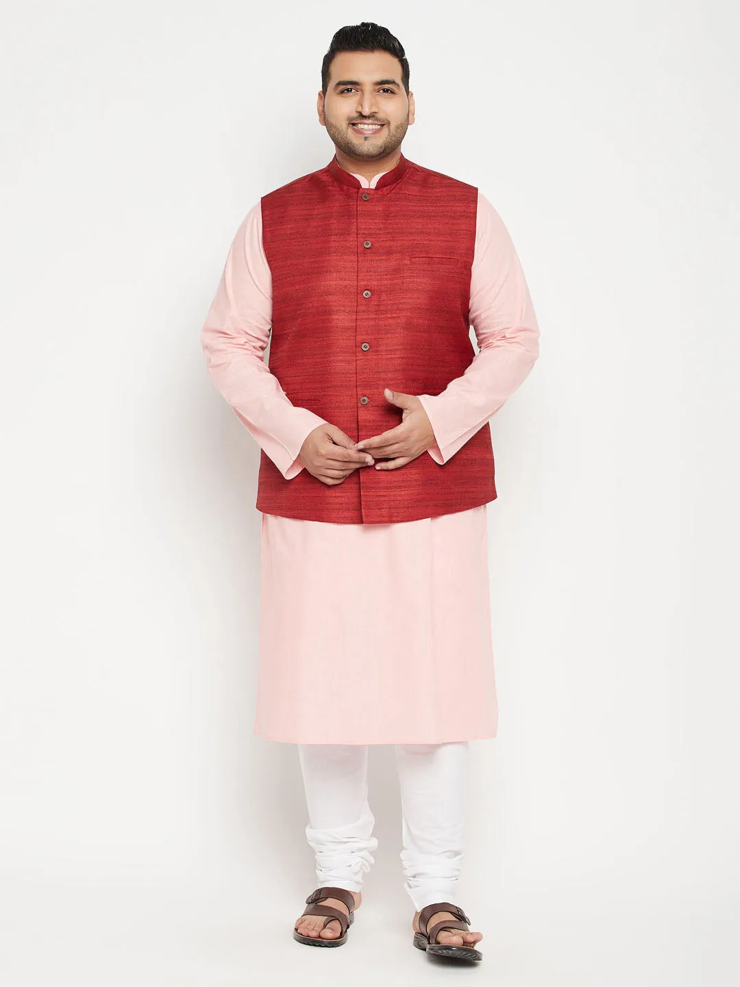 VASTRAMAY Men's Plus Size Pink and Maroon Cotton Blend Jacket Kurta Pyjama Set