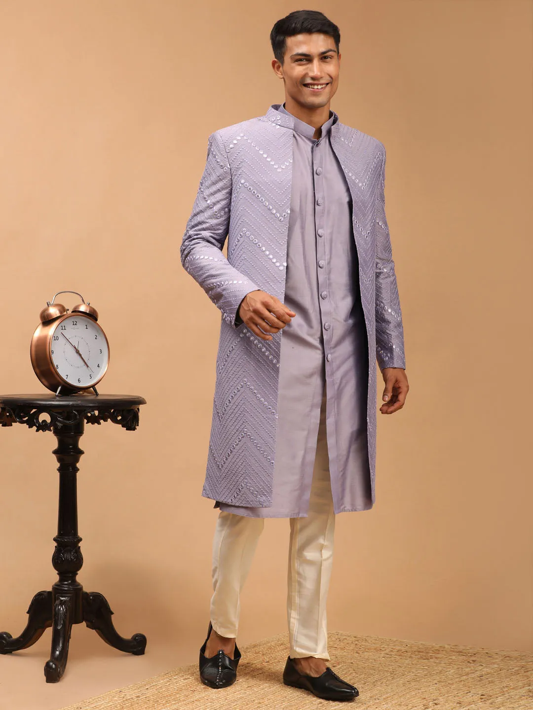 Vastramay Men's Purple Solid Kurta Pant Set With Mirror Over Coat Combo Set