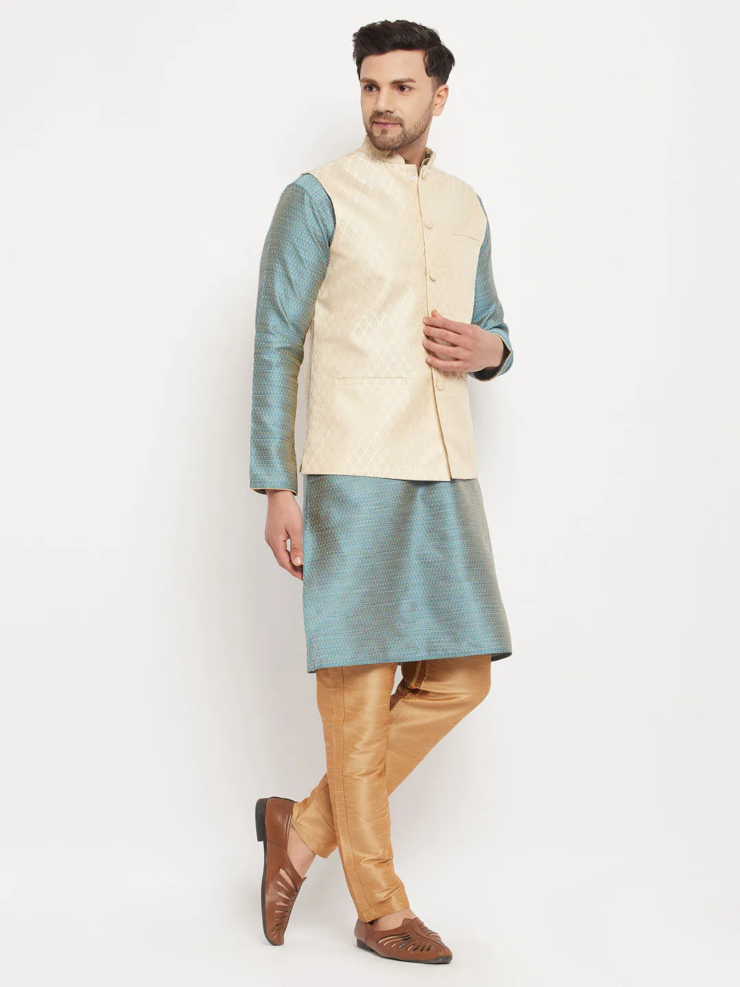 VM BY VASTRAMAY Men's Cream Silk Blend Jacket with Kurta Pant Set