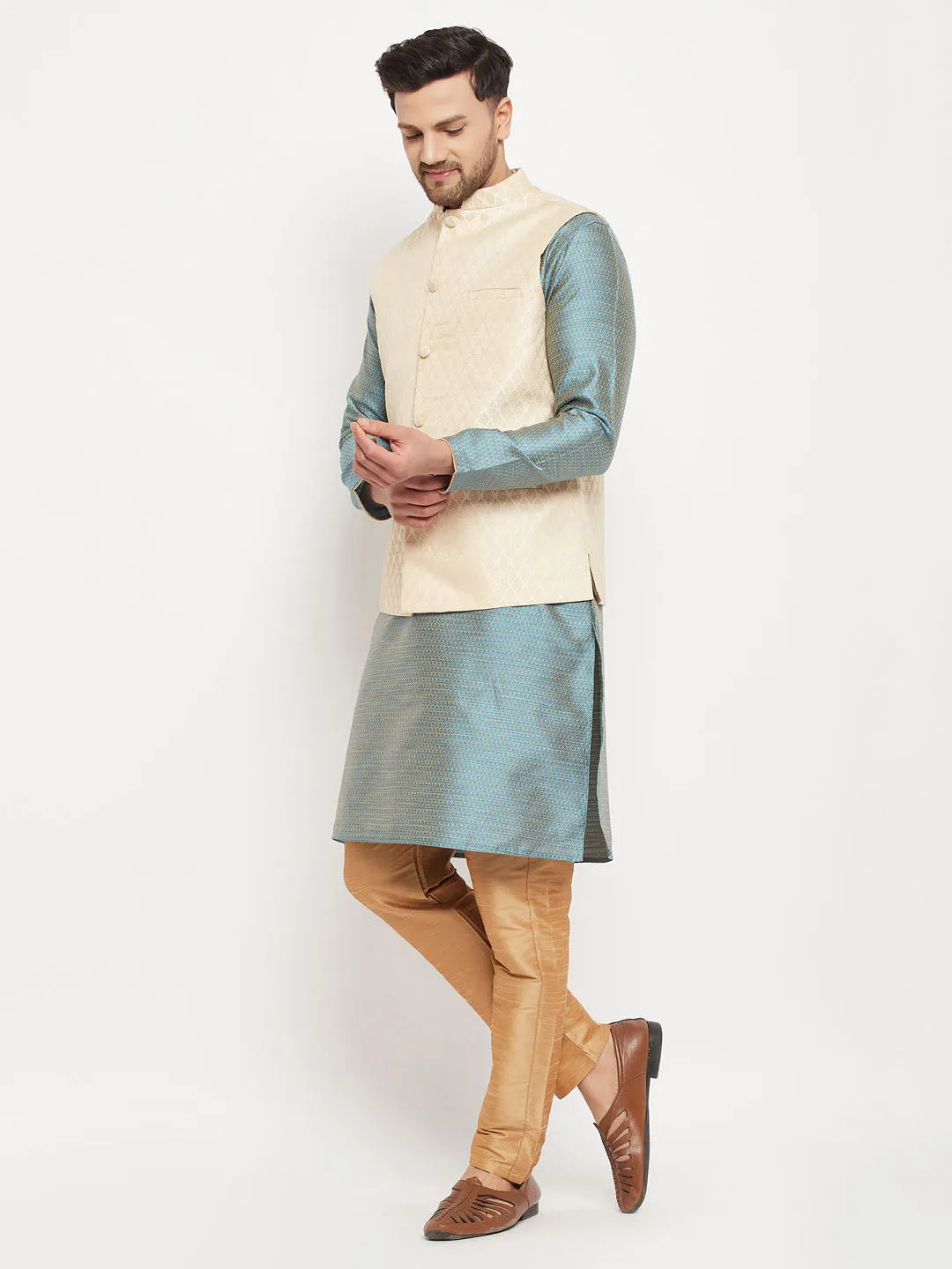 VM BY VASTRAMAY Men's Cream Silk Blend Jacket with Kurta Pant Set