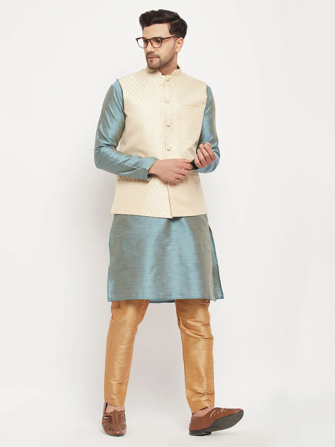 VM BY VASTRAMAY Men's Cream Silk Blend Jacket with Kurta Pant Set