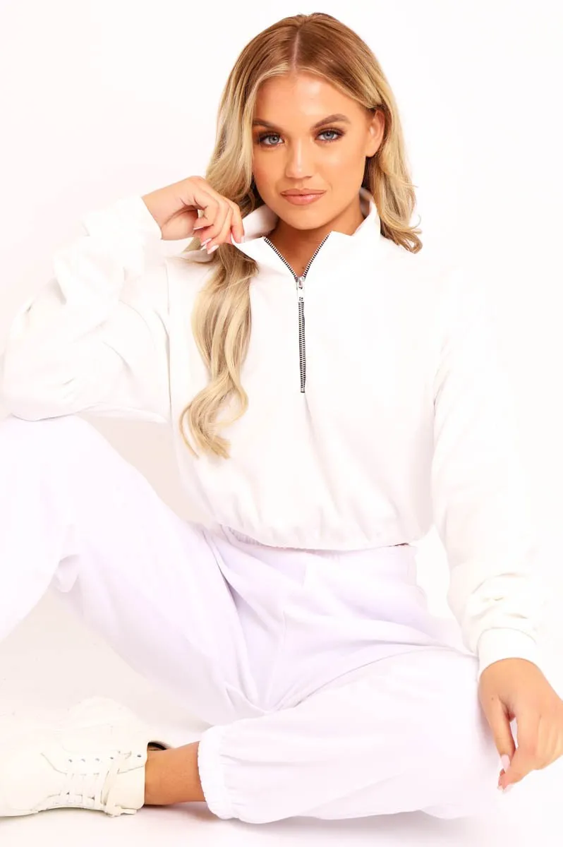 White Ribbed Front Zip Sweater - Reeta