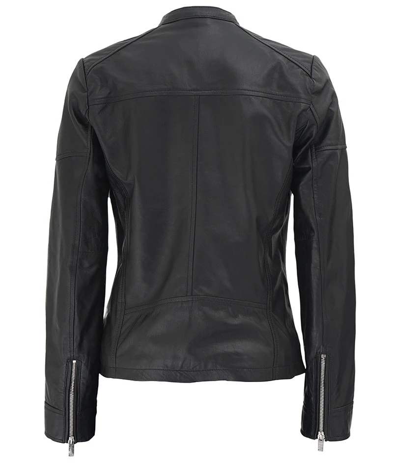 Women's Black Leather Cafe Racer Style Textured Jacket