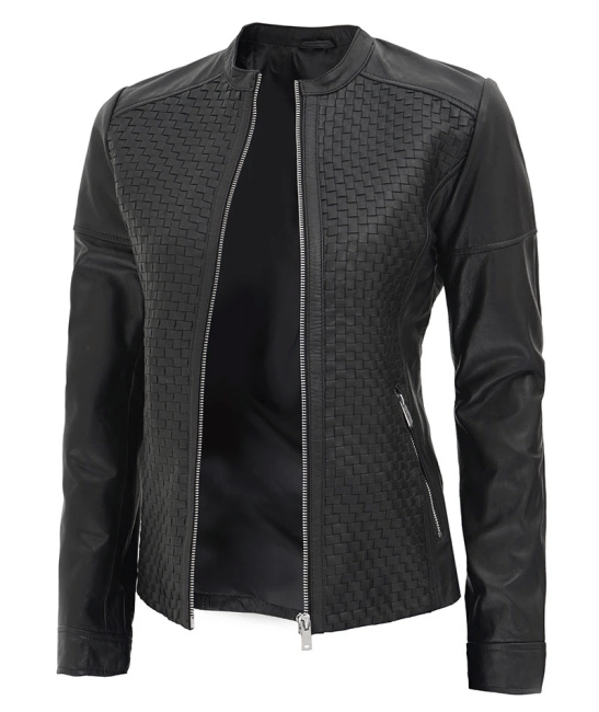 Women's Black Leather Cafe Racer Style Textured Jacket