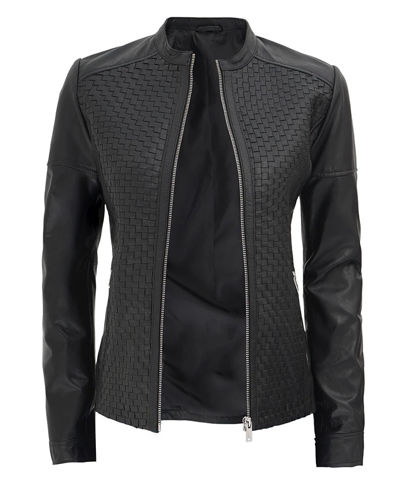 Women's Black Leather Cafe Racer Style Textured Jacket