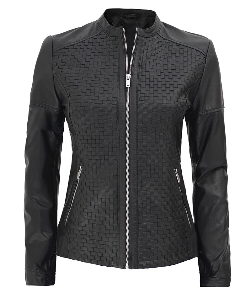 Women's Black Leather Cafe Racer Style Textured Jacket