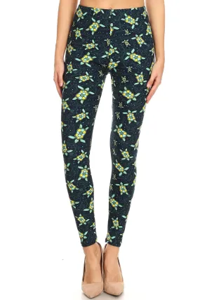 Women's 3 X 5X Sea Turtle Starfish Pattern Printed Leggings - Green Blue - One Size / Blue