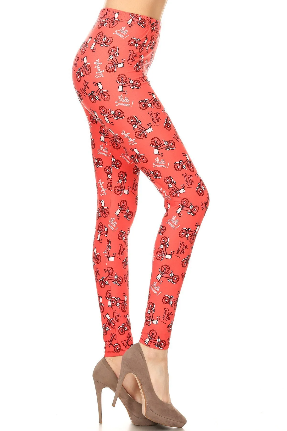 Women's 3X 5X Bicycle in Coral Lifestyle Pattern Print Leggings