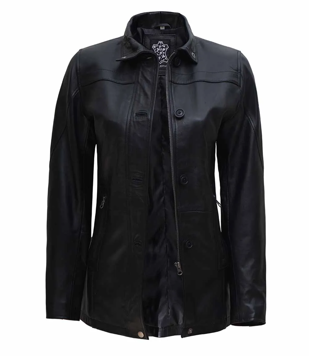 Womens Black Leather Car Coat