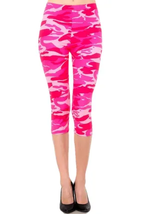 Women's Regular Pink Camouflage Army Printed Cropped Capri Leggings