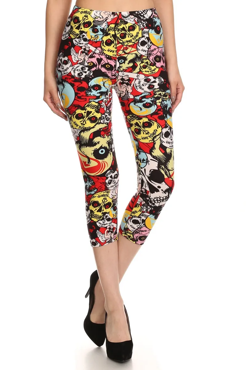 Women's Regular Red Eye Skulls Cropped Printed CAPRI Leggings - Red Yellow