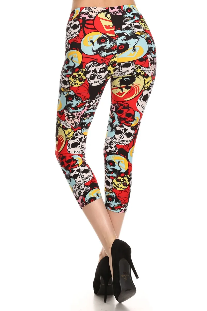 Women's Regular Red Eye Skulls Cropped Printed CAPRI Leggings - Red Yellow