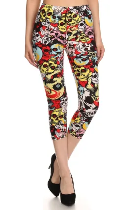 Women's Regular Red Eye Skulls Cropped Printed CAPRI Leggings - Red Yellow