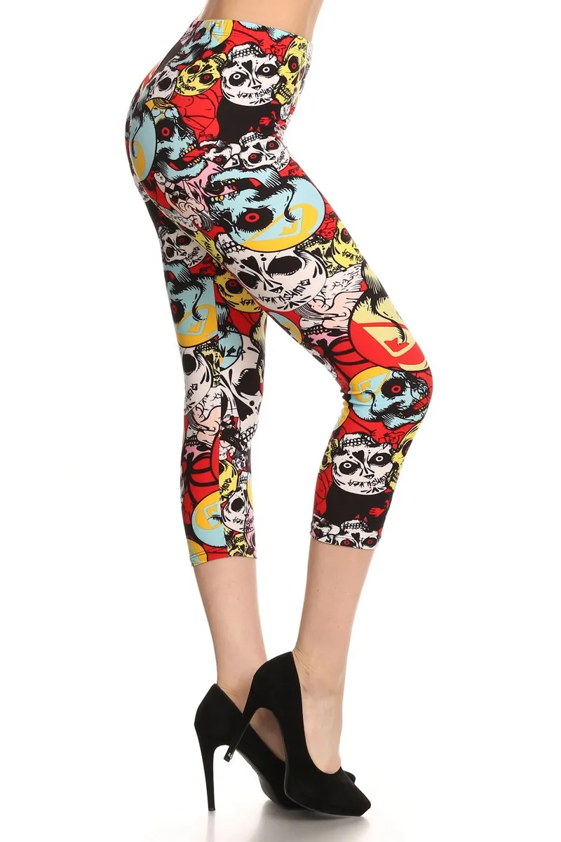 Women's Regular Red Eye Skulls Cropped Printed CAPRI Leggings - Red Yellow