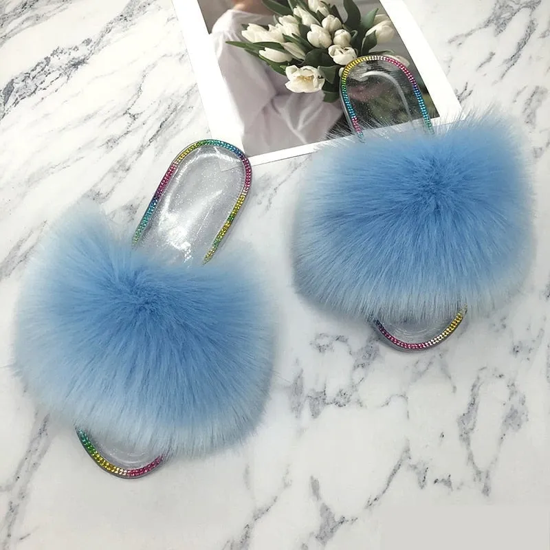 Women's Summer Casual Sky Blue Synthetic Fur Crystal House Slippers