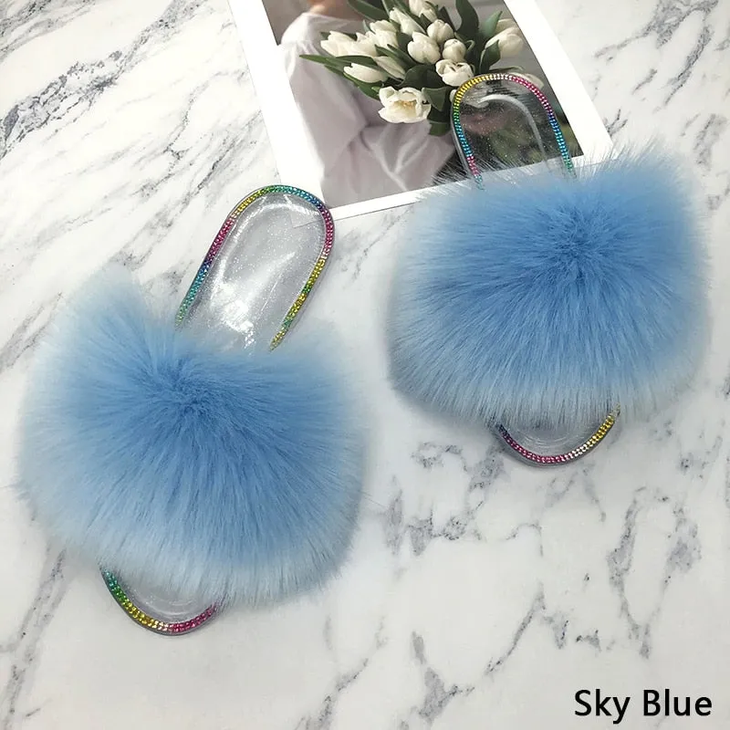 Women's Summer Casual Sky Blue Synthetic Fur Crystal House Slippers