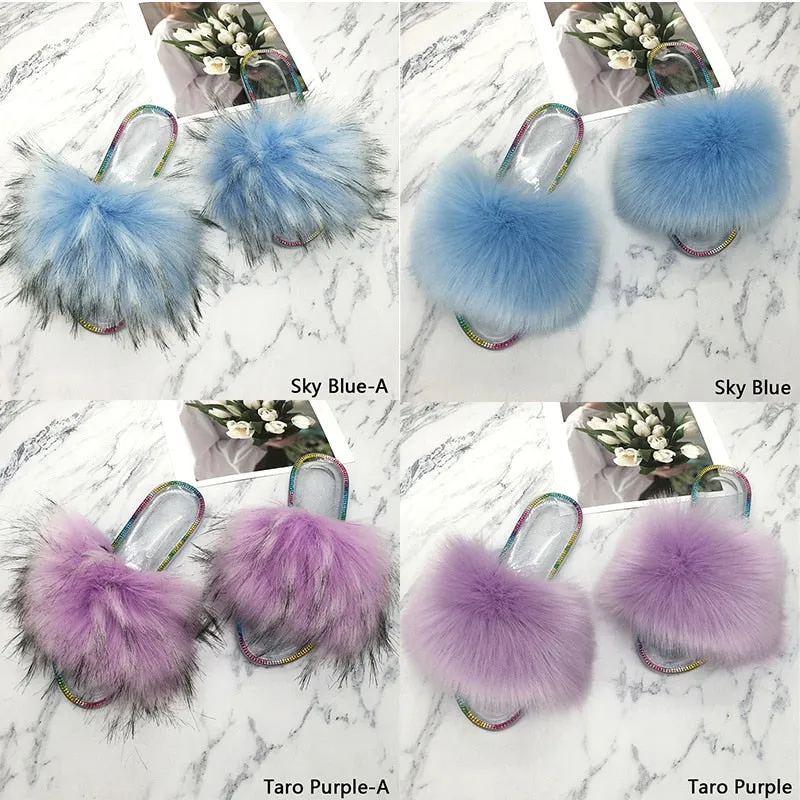 Women's Summer Casual Sky Blue Synthetic Fur Crystal House Slippers