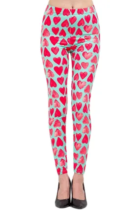 Women's XPlus Valentine Pink Heart in Green Pattern Printed Leggings