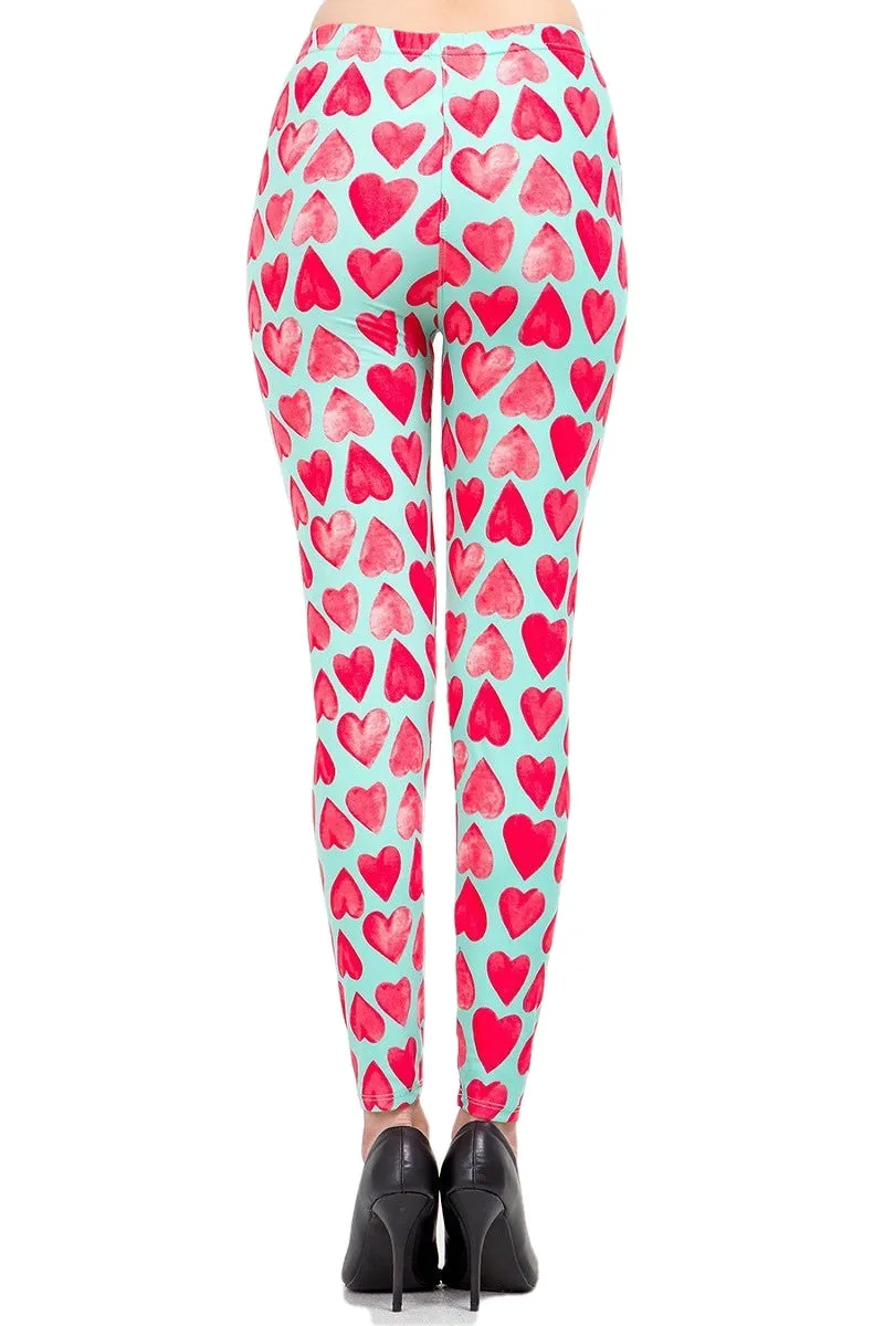 Women's XPlus Valentine Pink Heart in Green Pattern Printed Leggings